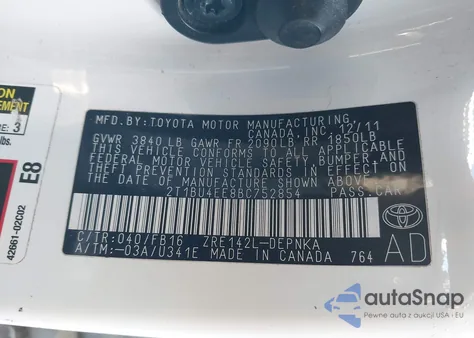 2011 Toyota Corolla Le z USA, uszkodzony, nr VIN 2T1BU4EE8BC752854